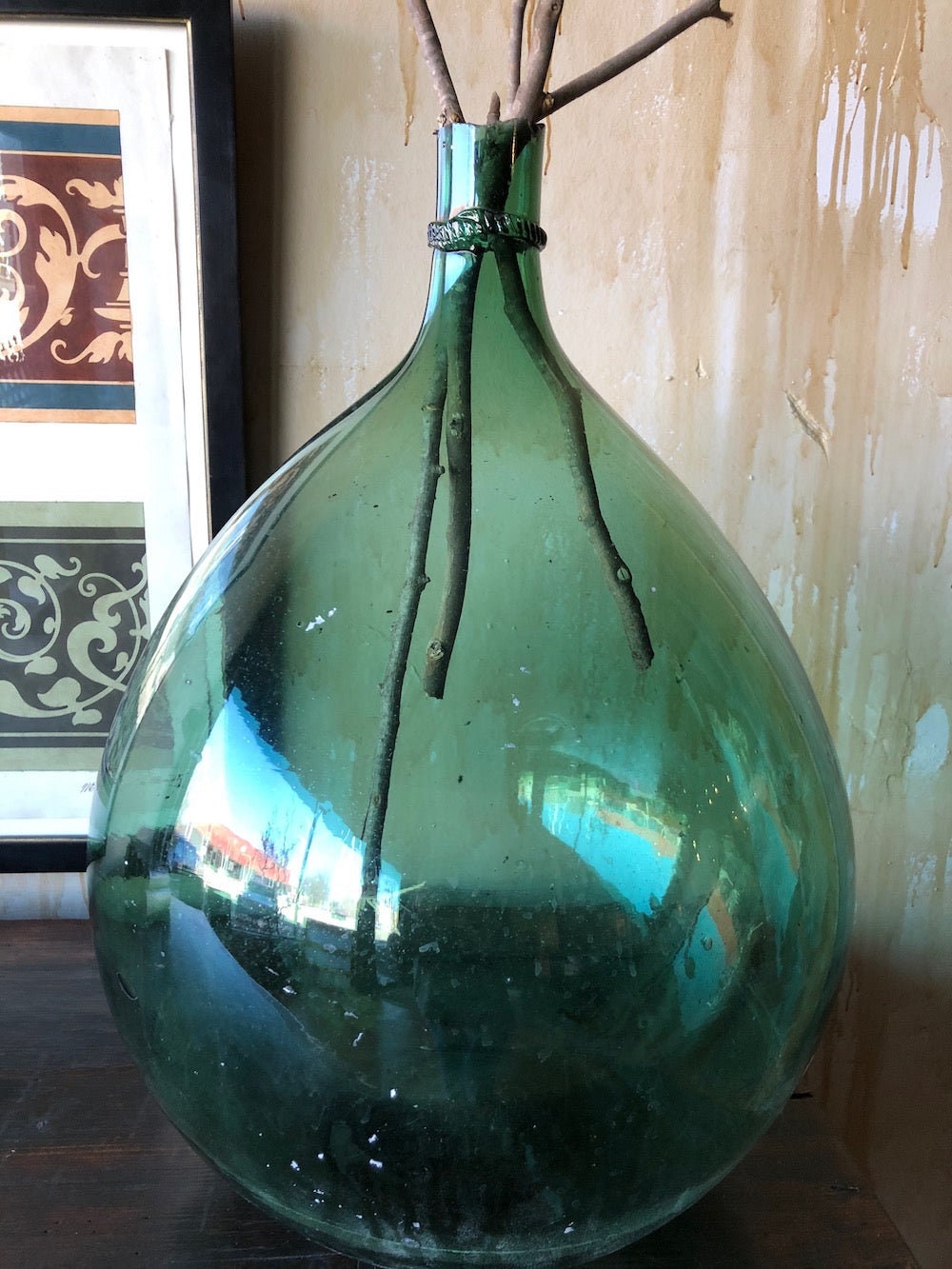 Very rare - XXL Dame jeanne 40L blow glass - Demijohn carboy vert moss, antique vase 1900s, vintage vase