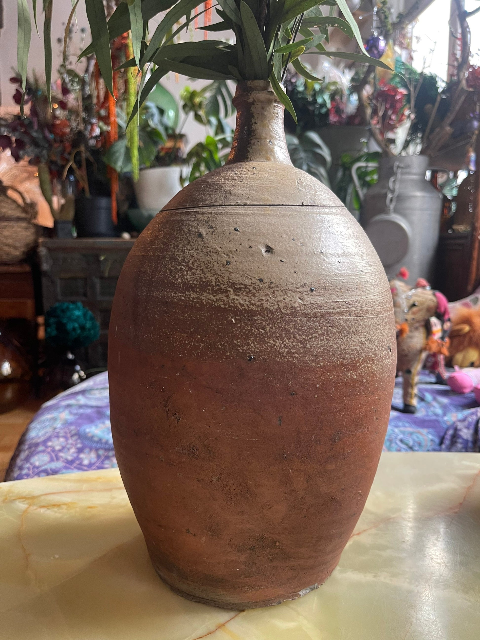 Large antique French stoneware dame jeanne/ hand thrown wine jar / vintage rustic farmhouse pottery