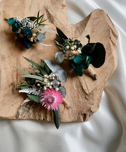 pack of 3 boutonniere Forest green, boutonniere preserved foliage mix dried flower, bridal accessories, wedding DYI