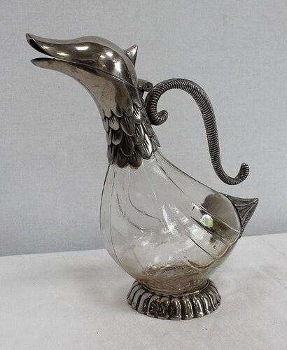 Vintage cristal and silver metal duck decanter, Vintage art deco,Vintage French table silverware brand Silea since 1900