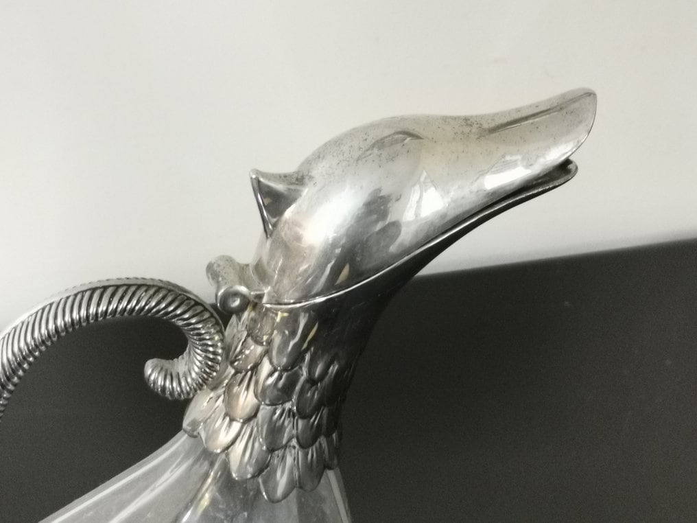 Vintage cristal and silver metal duck decanter, Vintage art deco,Vintage French table silverware brand Silea since 1900