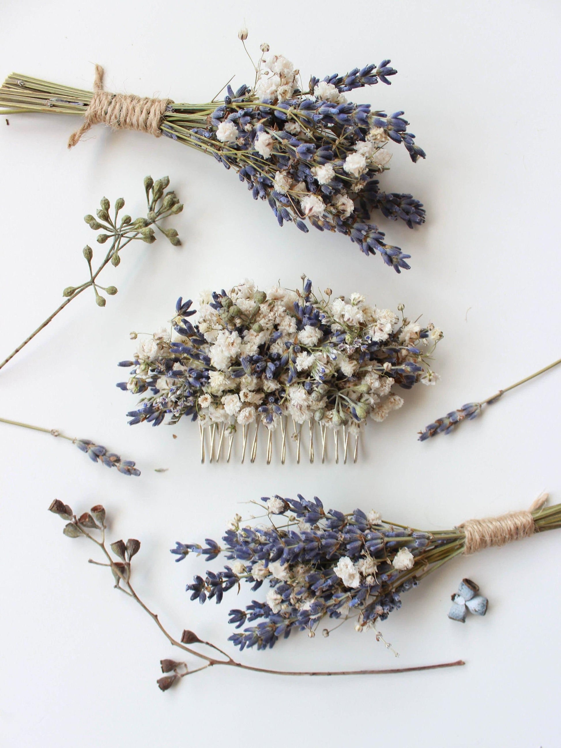 LAVENDER boutonniere & hair comb preserved gysophila mix lavender dried flower, bridal accessories, wedding DYI