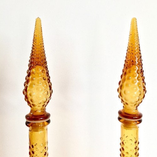 Ancien Rossini Empoli Italy Amber diamond Pattern Art Glass Decanter Genie Bottle 1960s