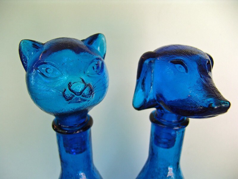 Rare Vintage Cat & Dog 14 inch tall Blue ocean Empoli decanter, Vintage art deco,Vintage empoli Made in Italy since 1960s