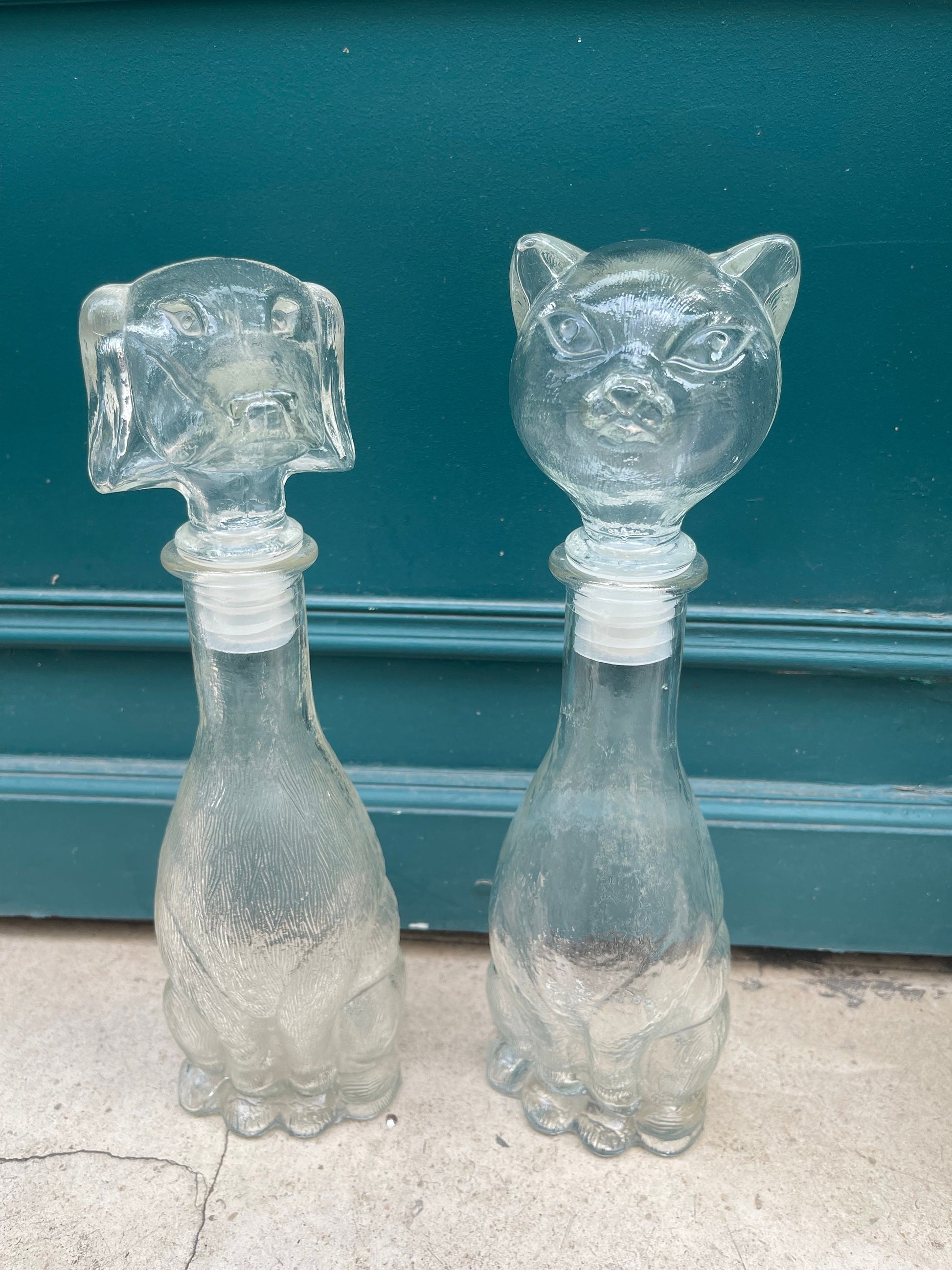 Rare Vintage Cat & Dog 14 inch tall transparent Empoli decanter, Vintage art deco,Vintage empoli Made in Italy since 1960s
