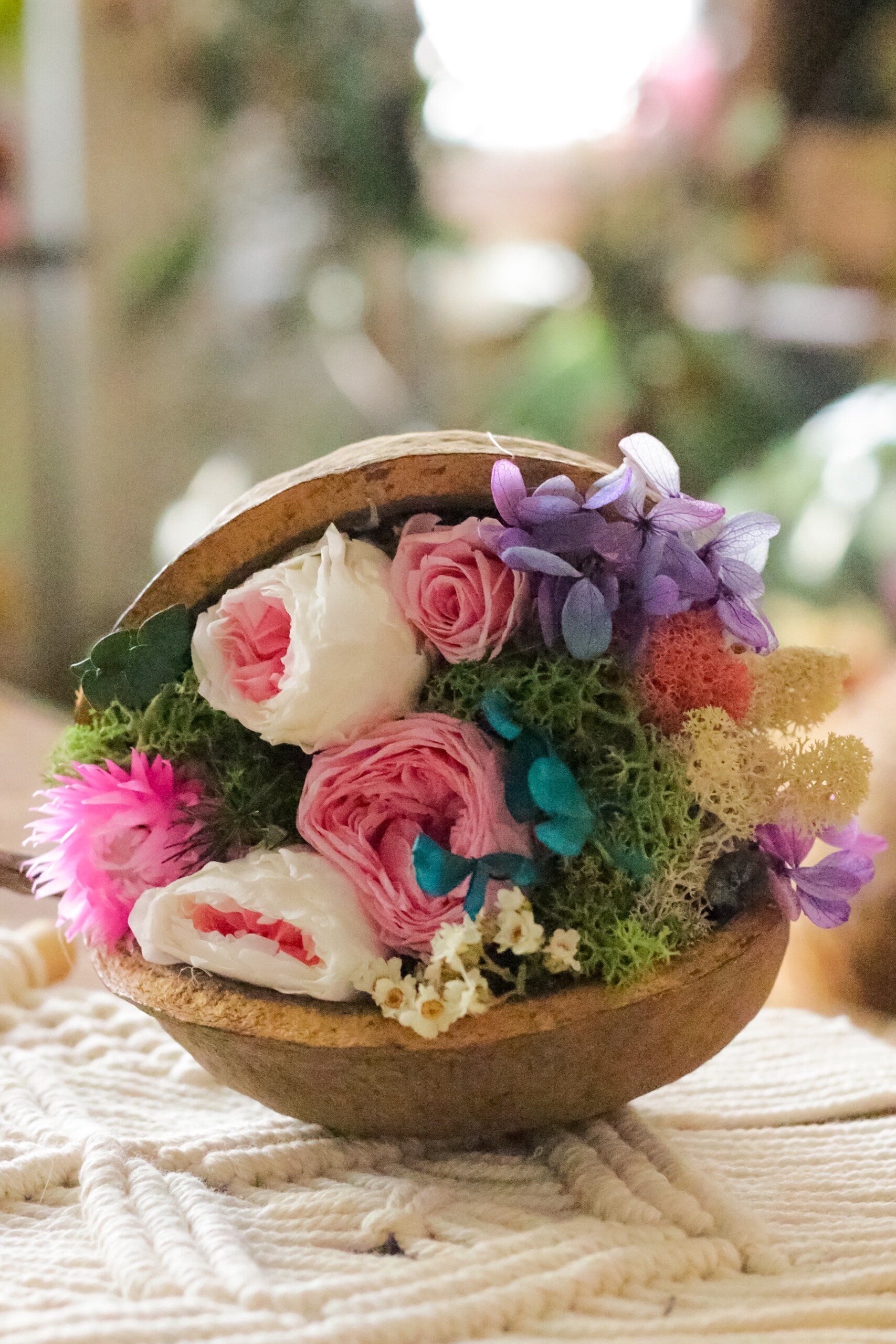 Preseved rose peony table decoration, rustic decoration, moss decor