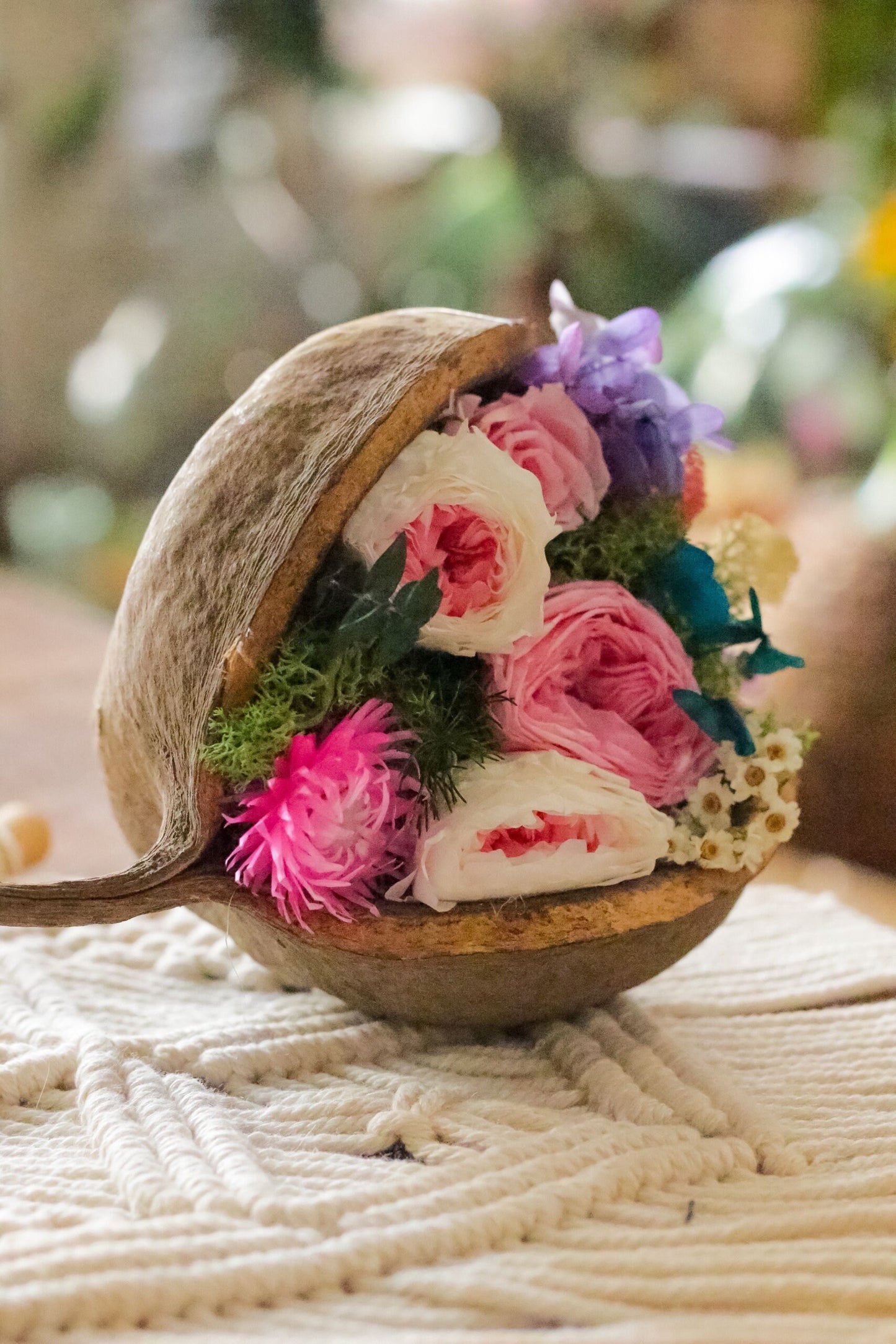 Preseved rose peony table decoration, rustic decoration, moss decor