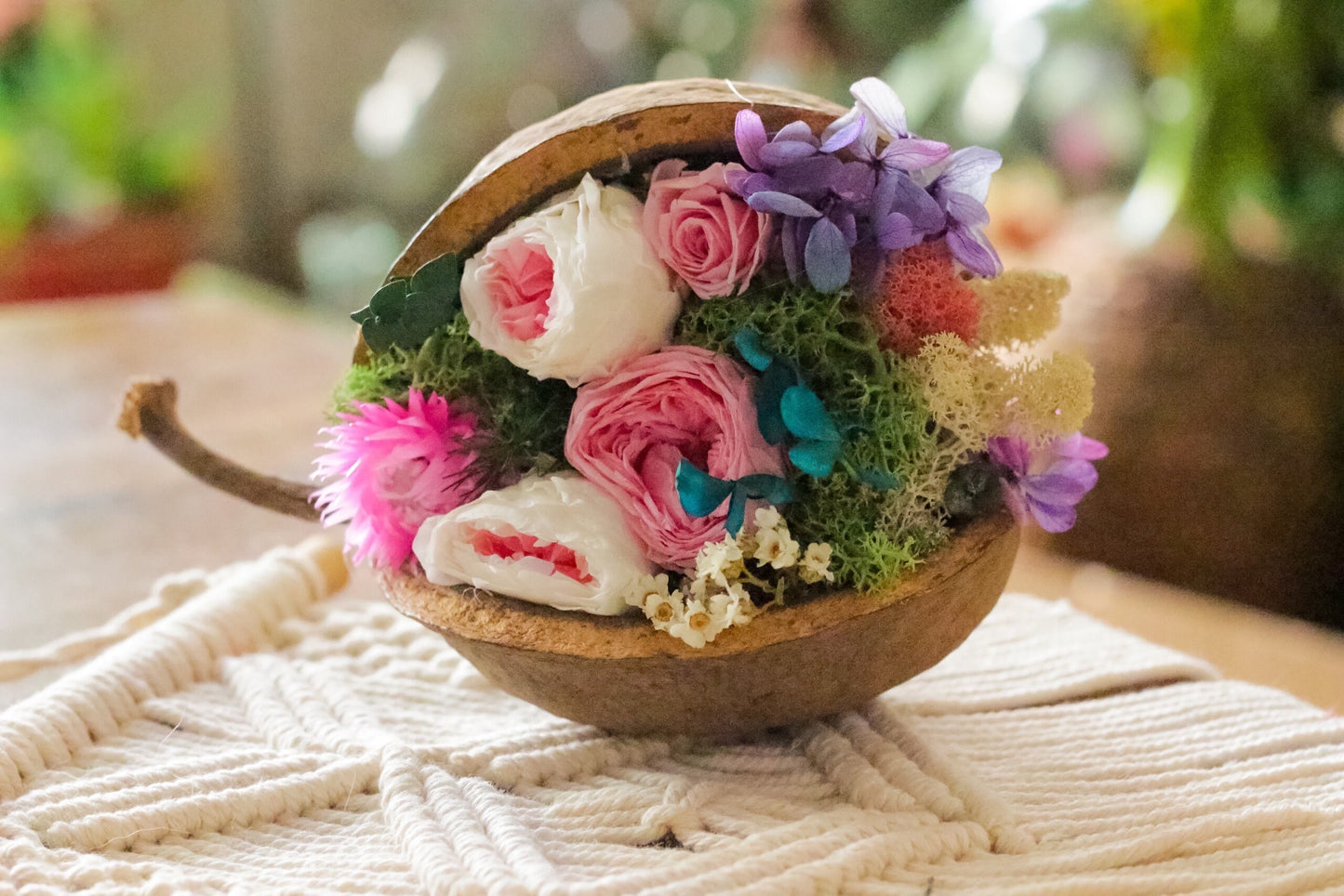 Preseved rose peony table decoration, rustic decoration, moss decor