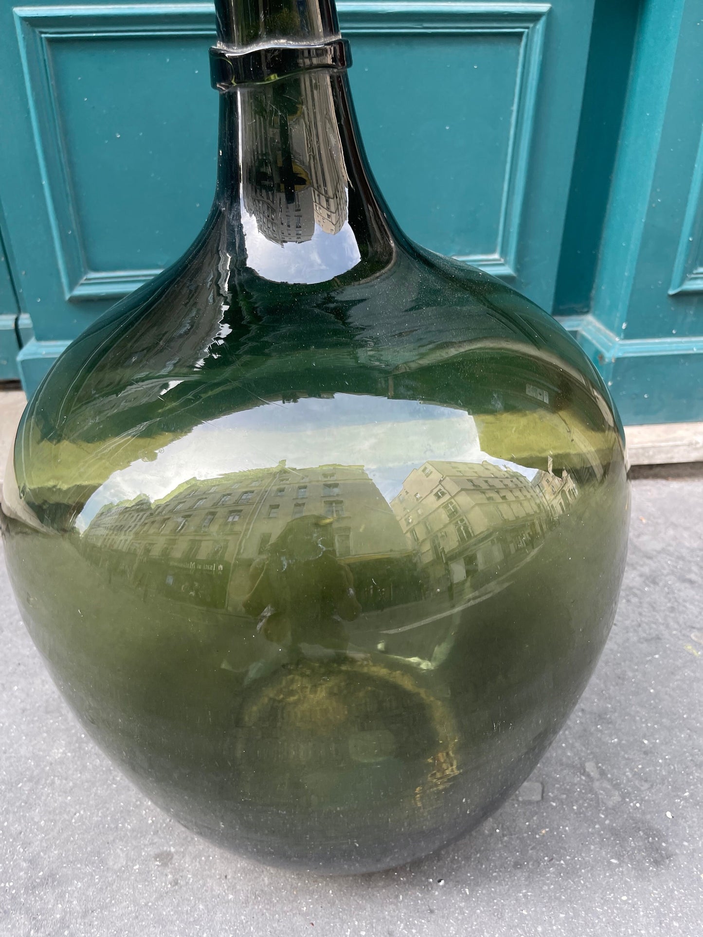 Rare huge Demijohn carboy 30L dark green moss Alsacien dame jeanne cicara 1900s , saber neck