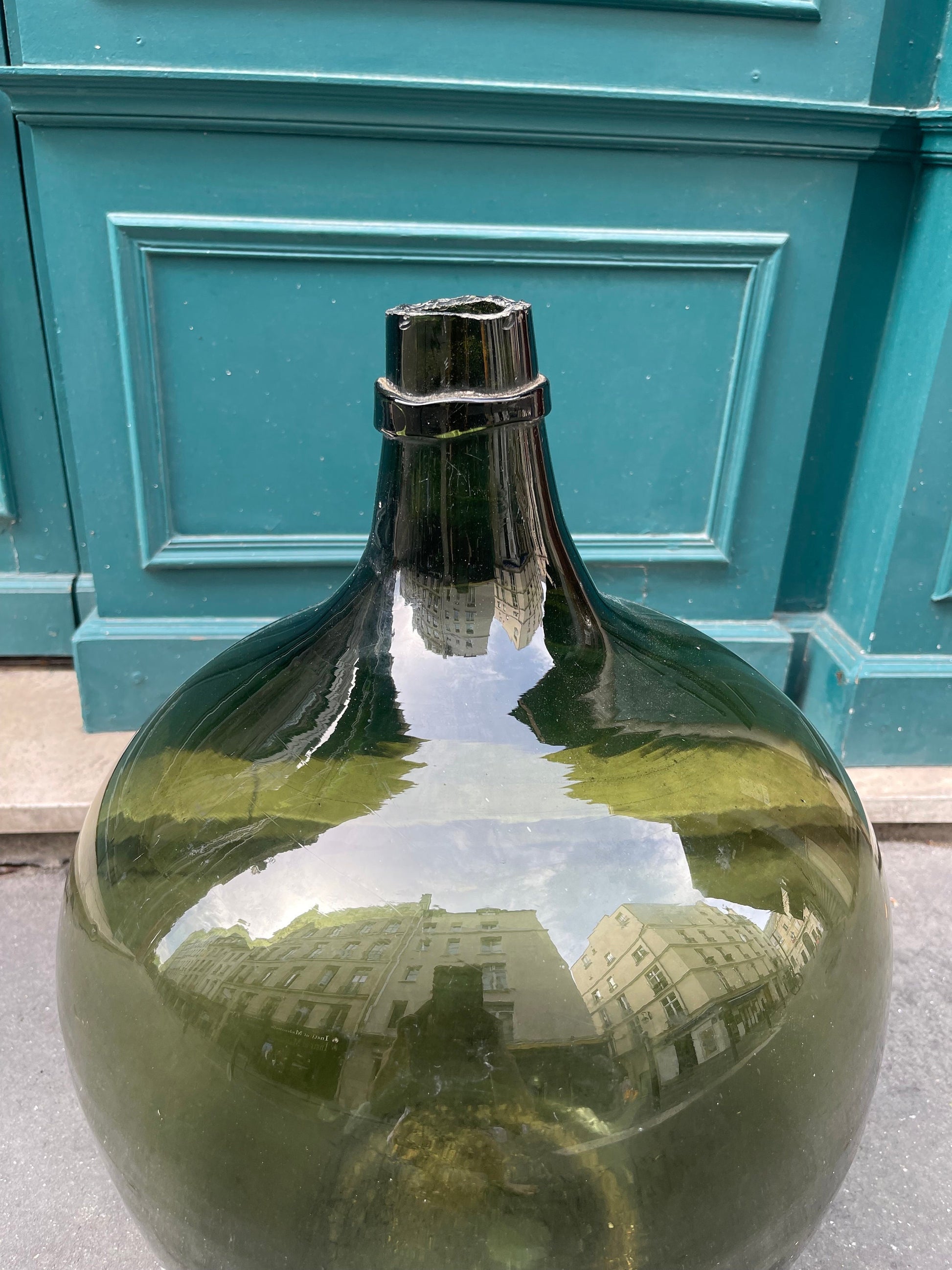Rare huge Demijohn carboy 30L dark green moss Alsacien dame jeanne cicara 1900s , saber neck