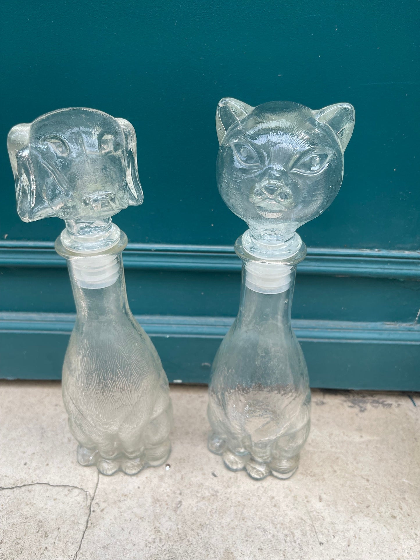 Rare Vintage Cat & Dog 14 inch tall transparent Empoli decanter, Vintage art deco,Vintage empoli Made in Italy since 1960s