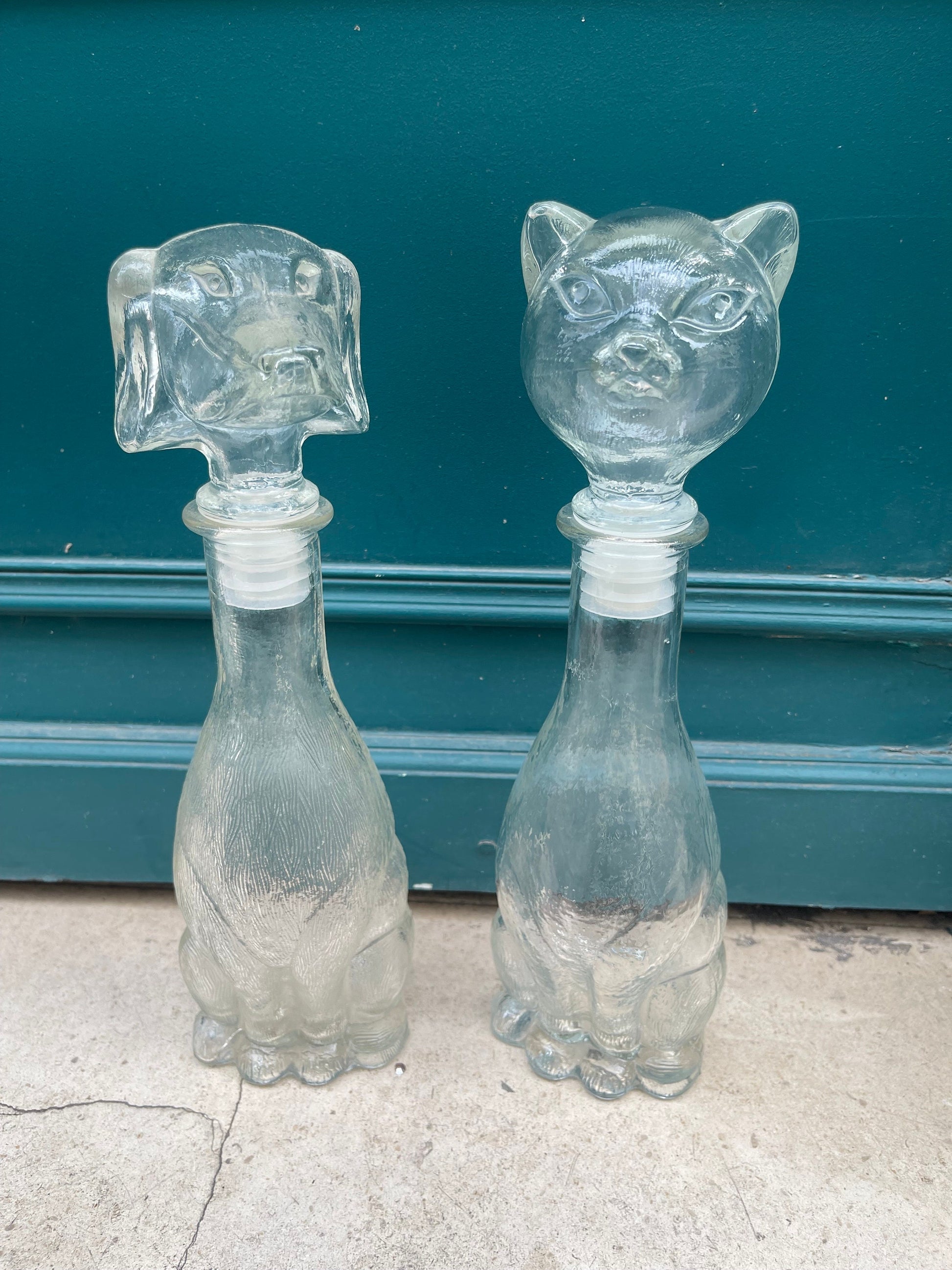 Rare Vintage Cat & Dog 14 inch tall transparent Empoli decanter, Vintage art deco,Vintage empoli Made in Italy since 1960s