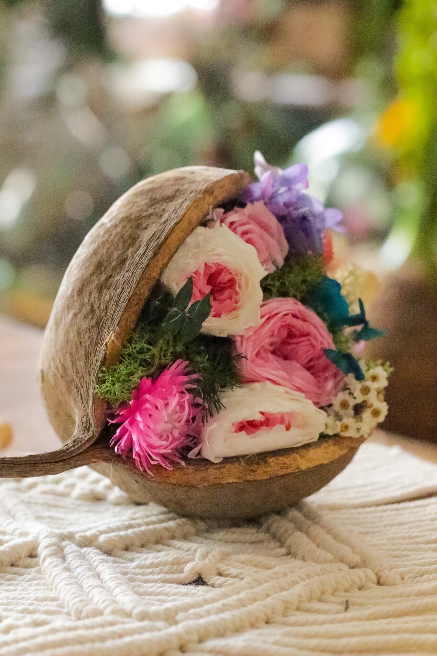 Preseved rose peony table decoration, rustic decoration, moss decor