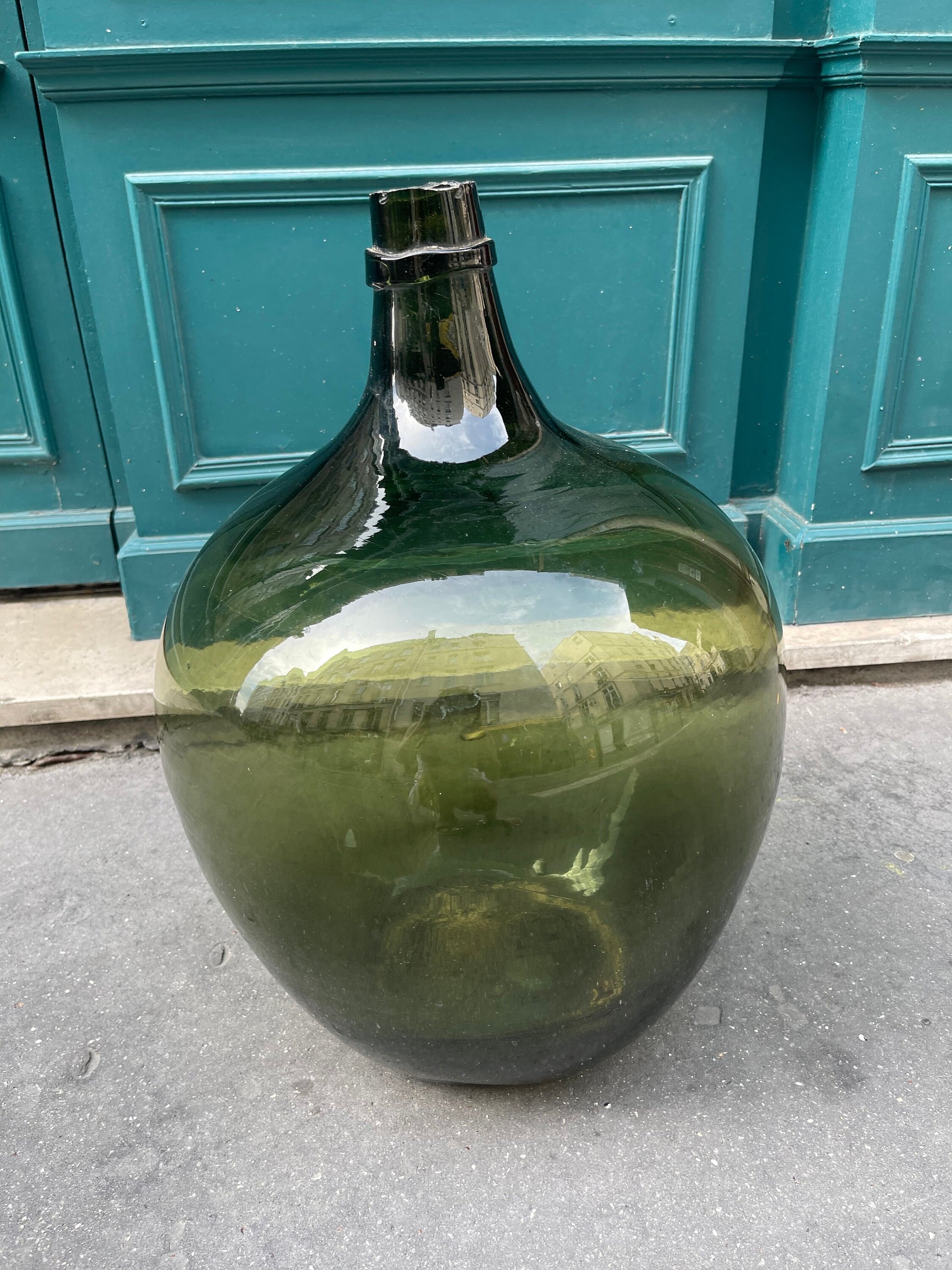 Rare huge Demijohn carboy 30L dark green moss Alsacien dame jeanne cicara 1900s , saber neck