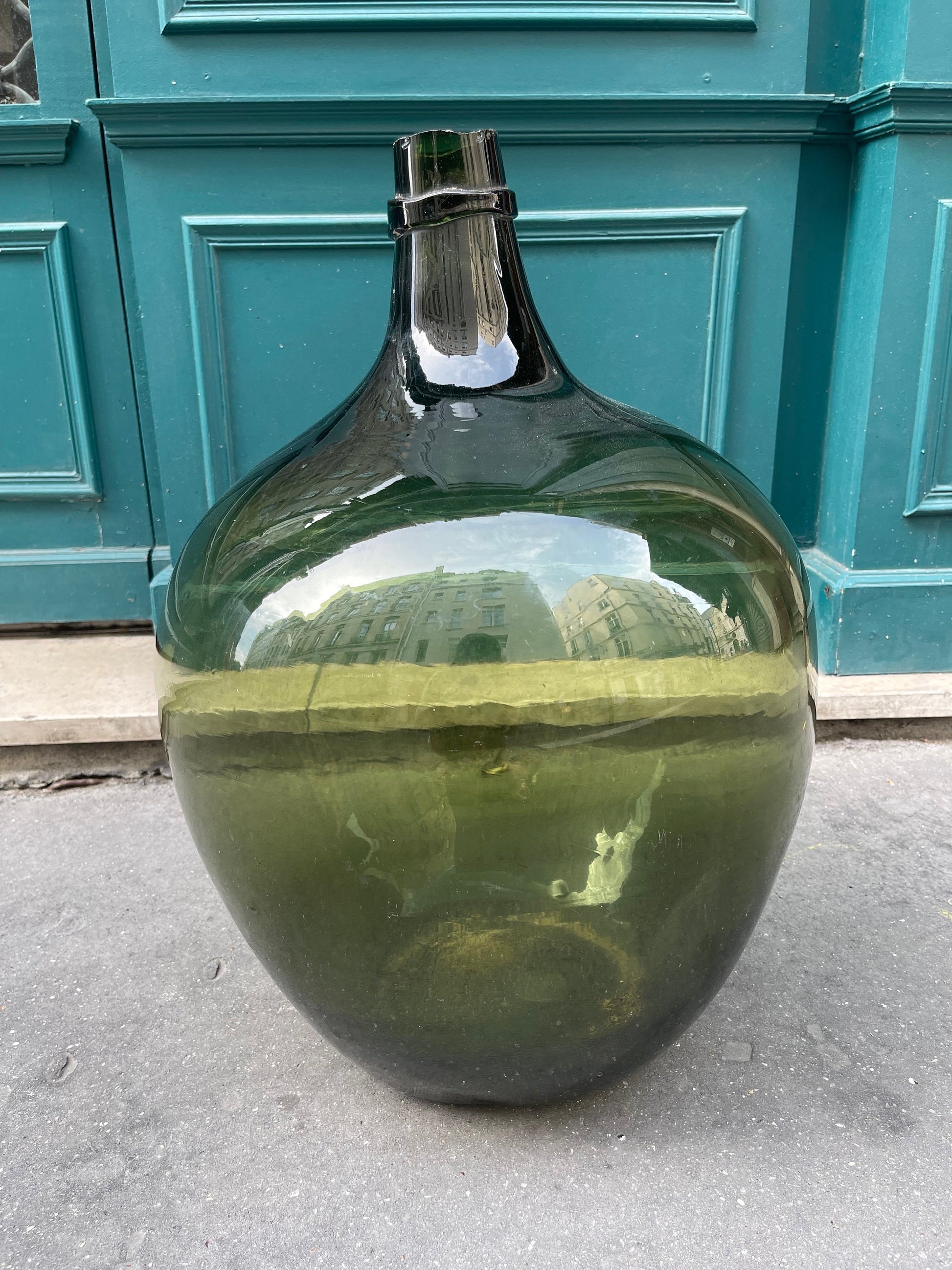 Rare huge Demijohn carboy 30L dark green moss Alsacien dame jeanne cicara 1900s , saber neck