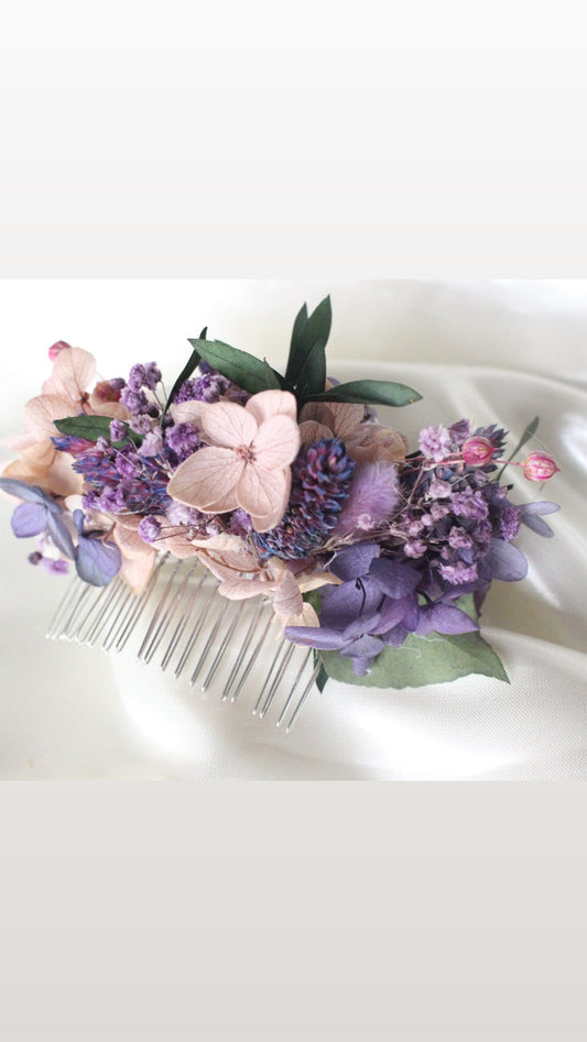 Sweet violet hair comb preserved hortensia lavender color mix purple , bridal accessories, wedding accessories DYI