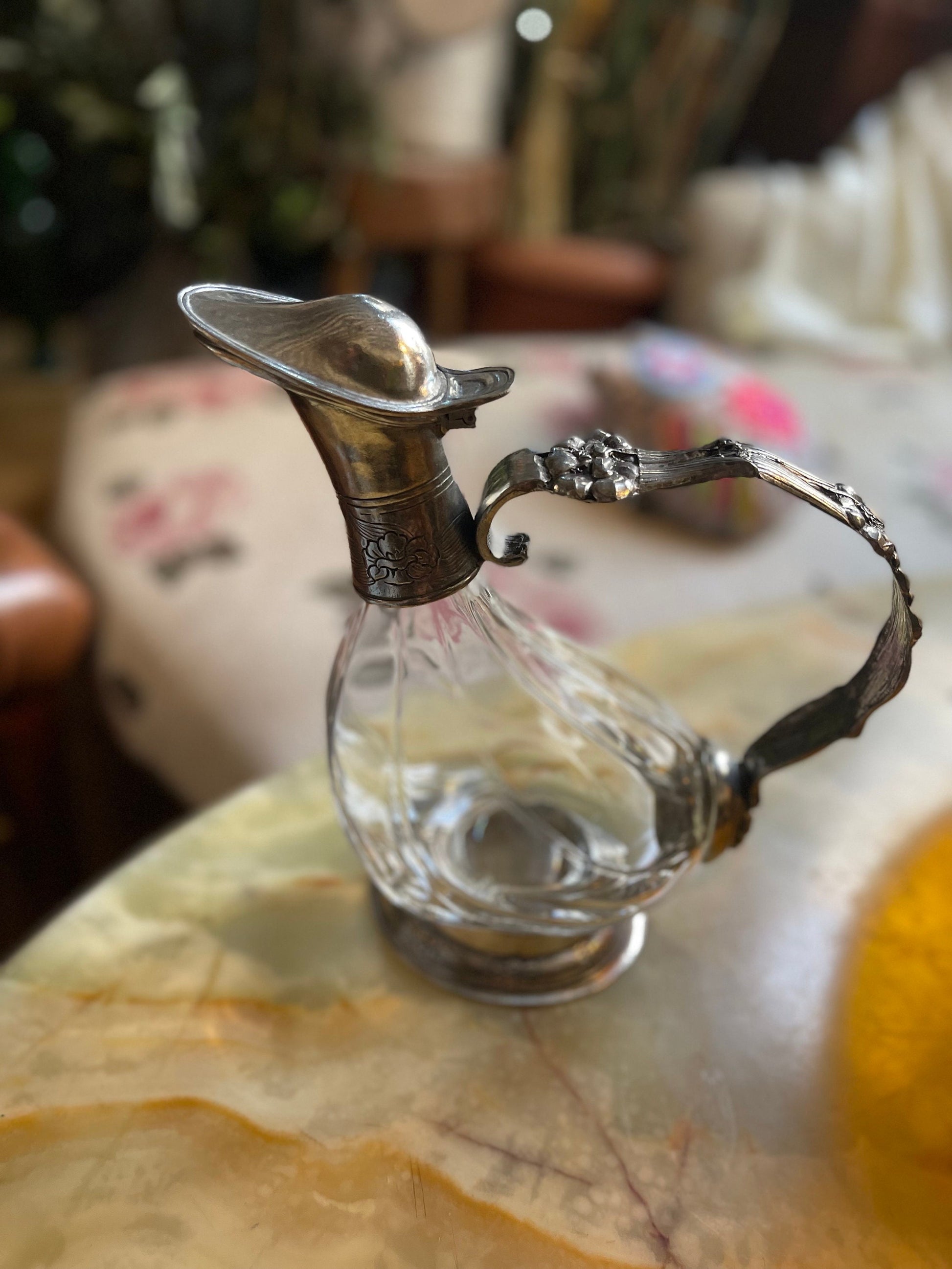 Vintage cristal and silver metal duck decanter, Vintage art deco,Vintage French table silverware since 1950s