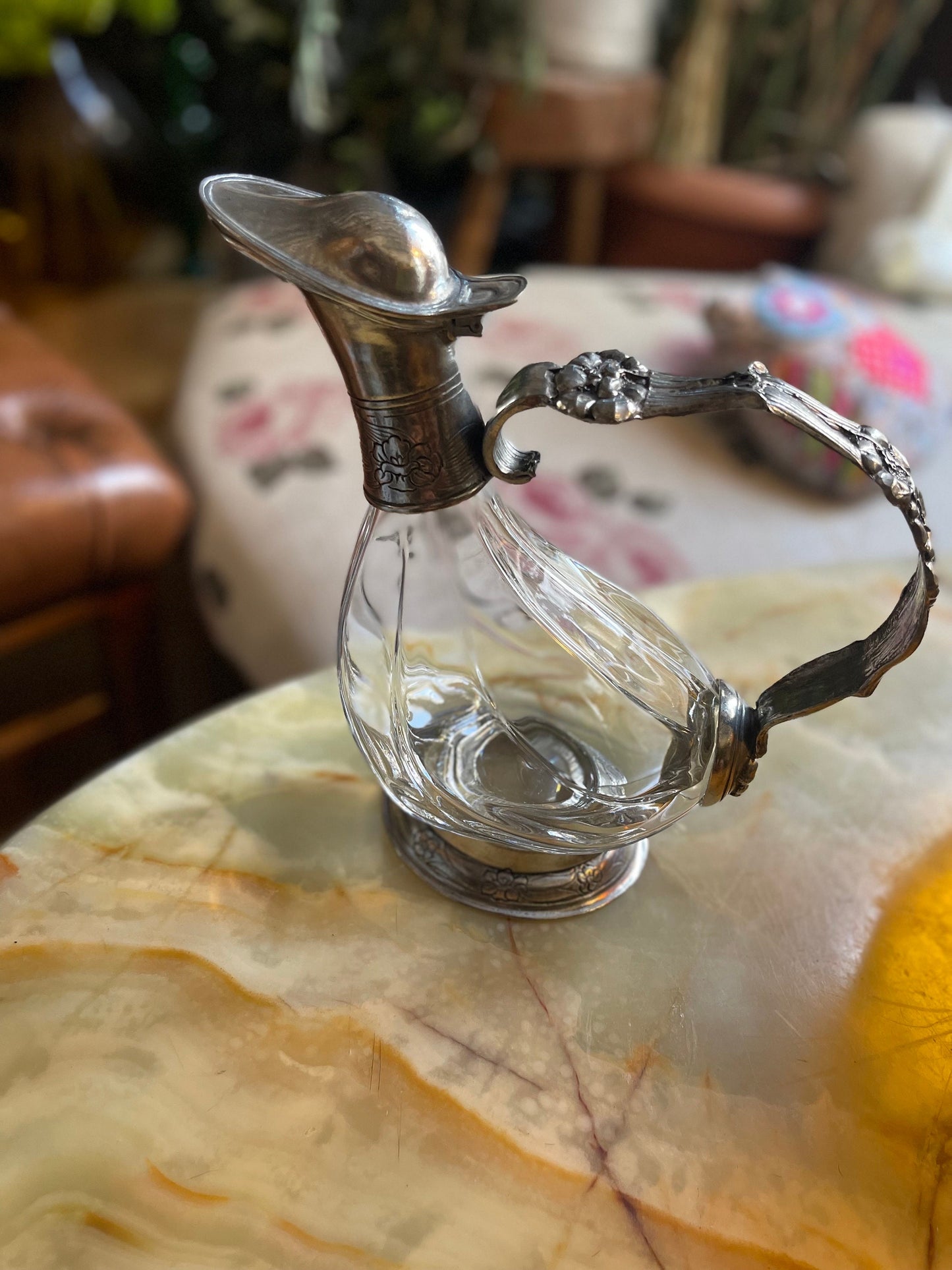 Vintage cristal and silver metal duck decanter, Vintage art deco,Vintage French table silverware since 1950s