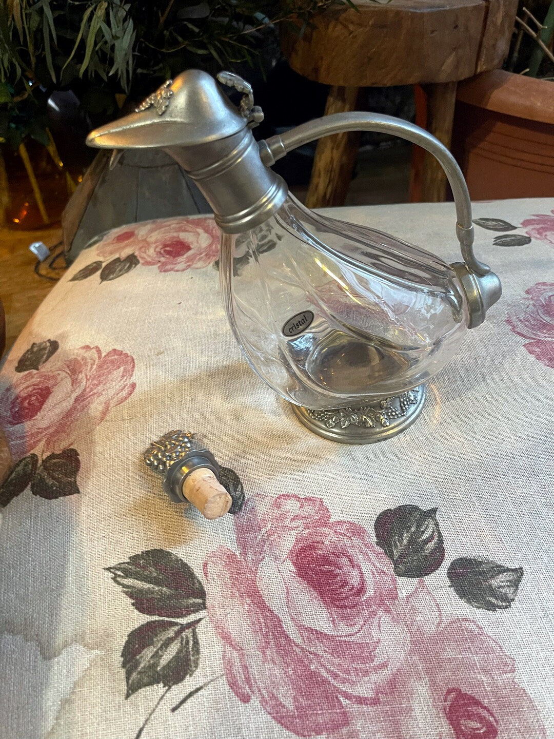 Vintage cristal and silver metal duck decanter, Vintage art deco,Vintage French table pewter since 1960