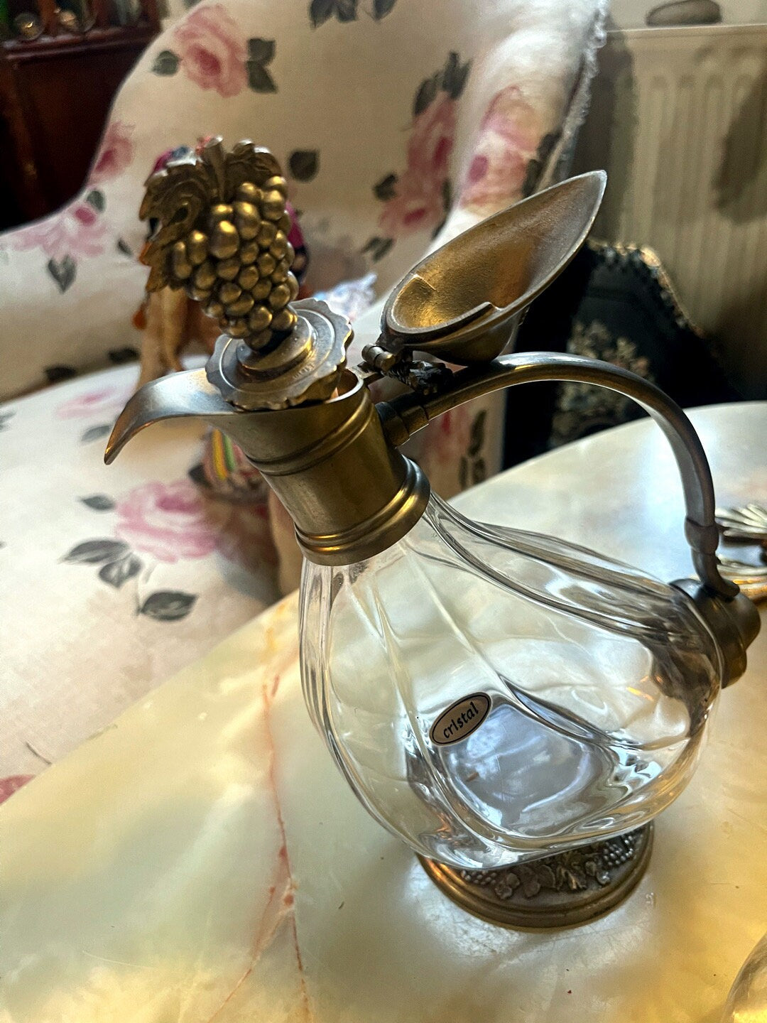 Vintage cristal and silver metal duck decanter, Vintage art deco,Vintage French table pewter since 1960