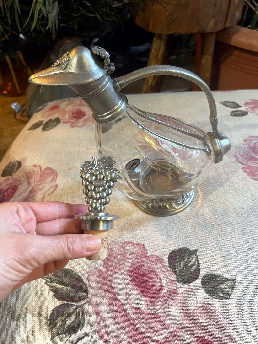 Vintage cristal and silver metal duck decanter, Vintage art deco,Vintage French table pewter since 1960