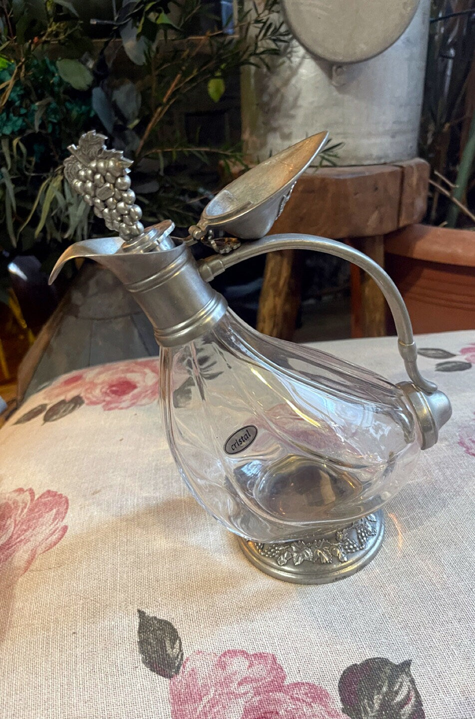 Vintage cristal and silver metal duck decanter, Vintage art deco,Vintage French table pewter since 1960