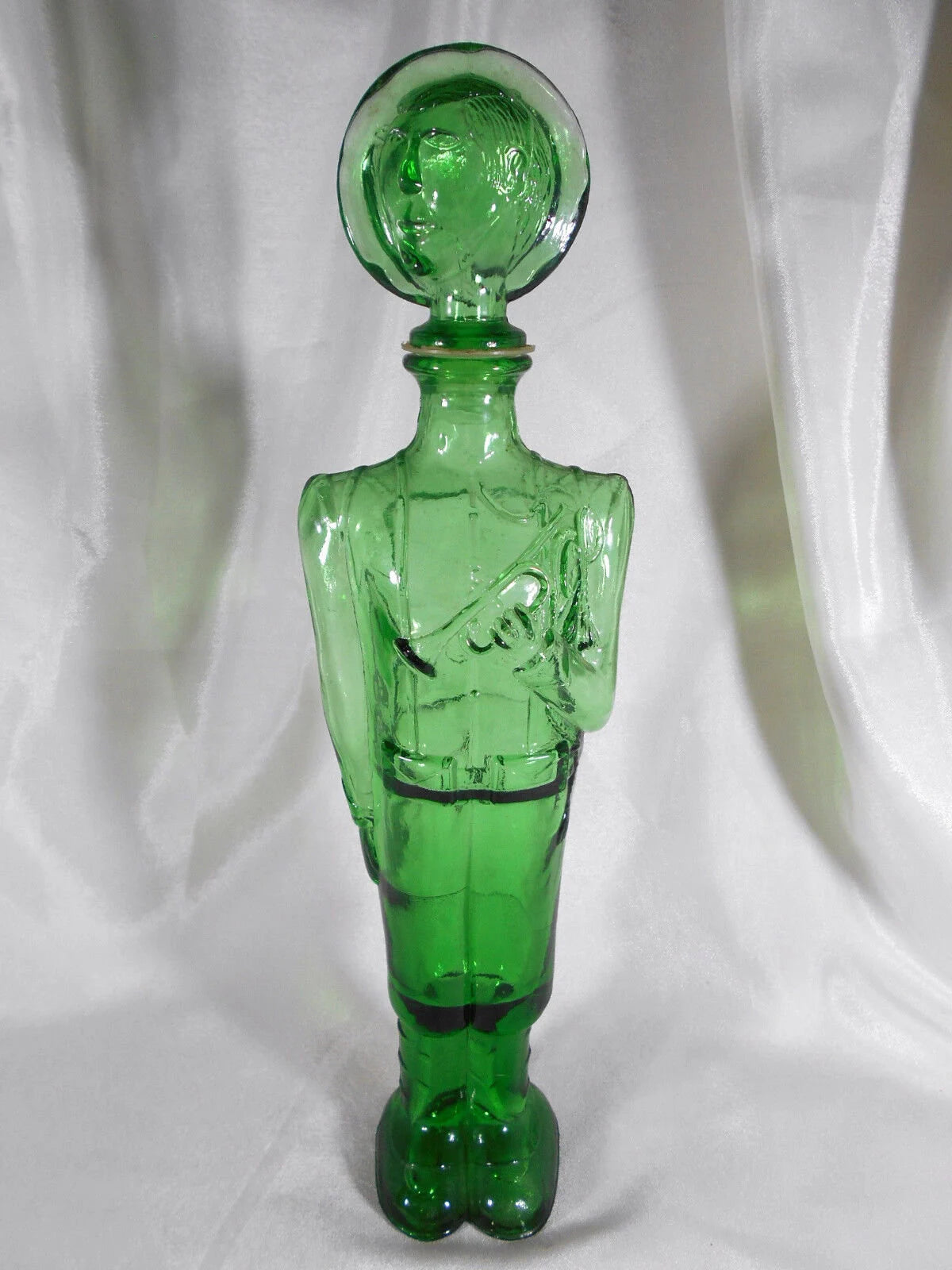 Rare carafe Empoli forme de Jouer de clairon, Vintage Italy Decanter Bottle People Face/Stopper Mid Century Green since 1960s