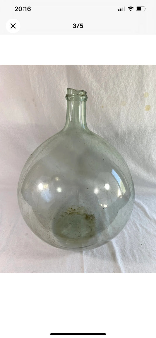 Antique French Green Demijohn Carboy Wine Bottle bulled 10L ancien 1950-1960s - antique collection - onion form