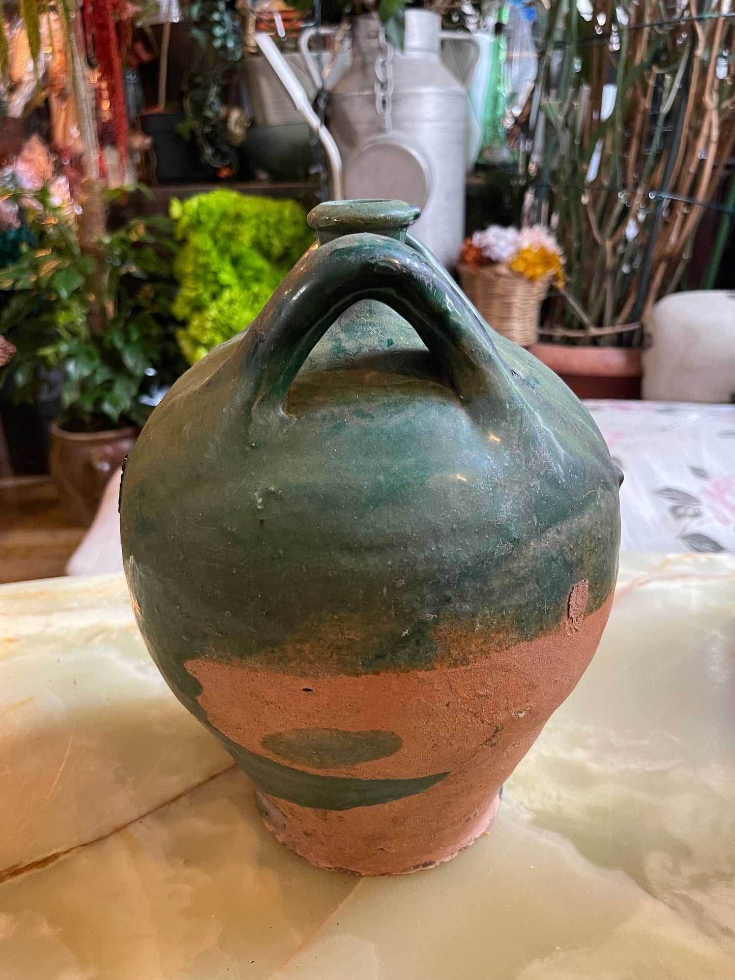 Antique French stoneware dame jeanne/ hand thrown wine jar / vintage rustic farmhouse pottery/terracota vase since 19th century