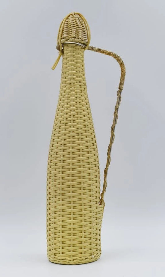 Dame jeanne vintage jaune scoubidou osier 1960s, ancien demijohn scoubidou wicker