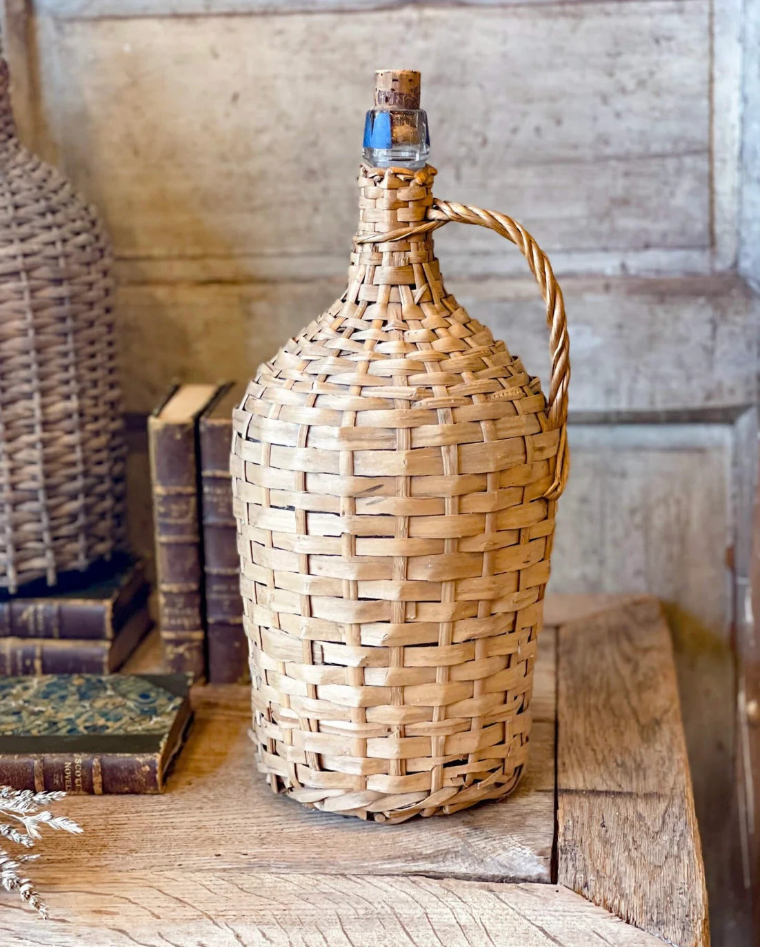 Antique Dame Jeanne with original wicker 5L from 1960s, french vintage vase