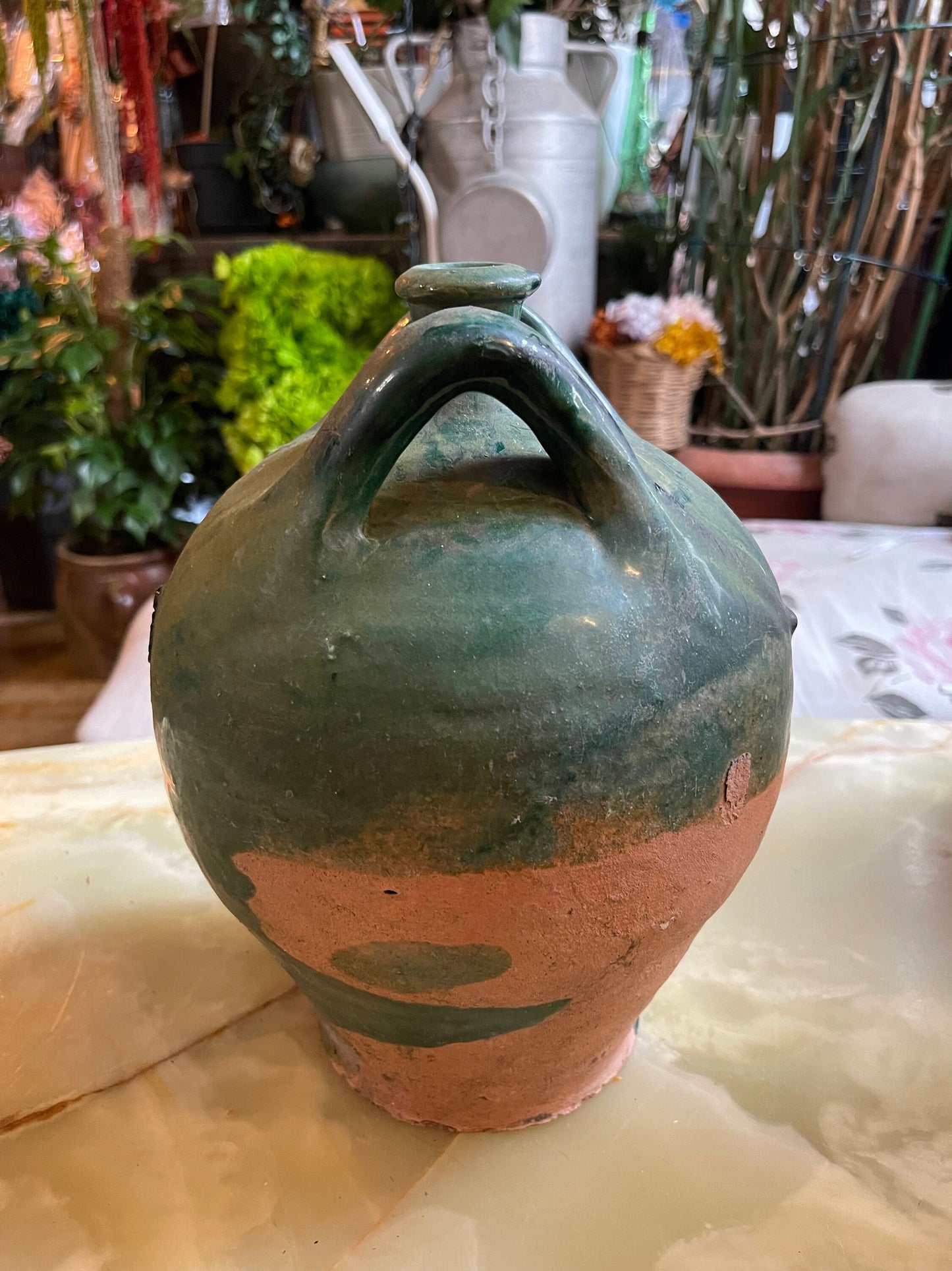 Antique French stoneware dame jeanne/ hand thrown wine jar / vintage rustic farmhouse pottery/terracota vase since 19th century