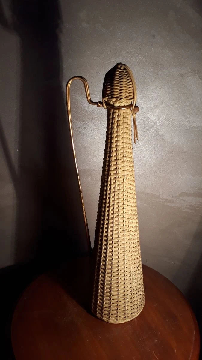 Dame jeanne vintage jaune scoubidou osier 1960s, ancien demijohn scoubidou wicker