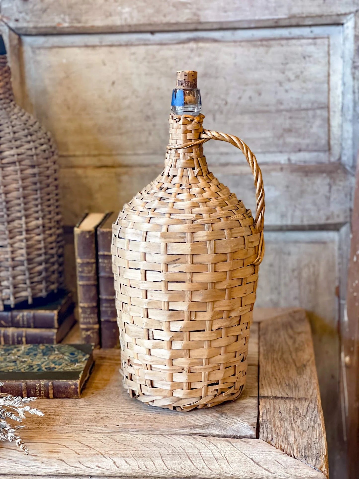 Antique Dame Jeanne with original wicker 5L from 1960s, french vintage vase