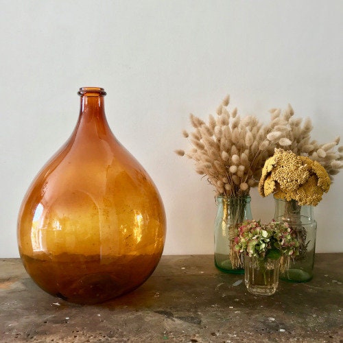 Large 19th Century Hand Blown French Amber Glass Demijohn: Dame Jeanne Bottle- Demijohn Ambre 20L