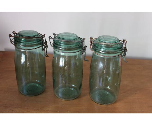 Bocaux vert ancien 1L 1960s marque "Idéal", vintage jar, antique
