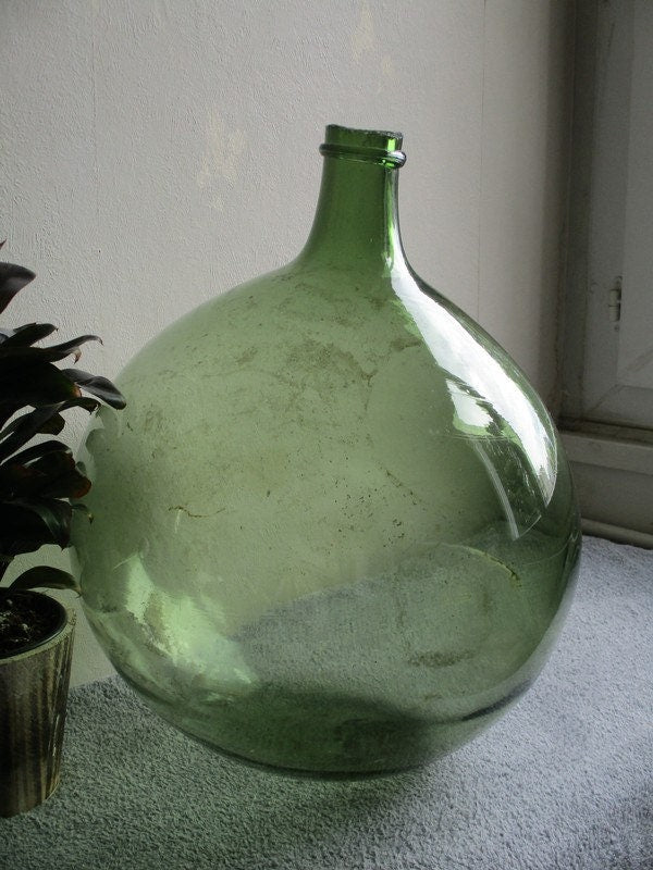 Antique French Green Demijohn Carboy Wine Bottle bulled 5L ancien 1950-1960s - antique collection