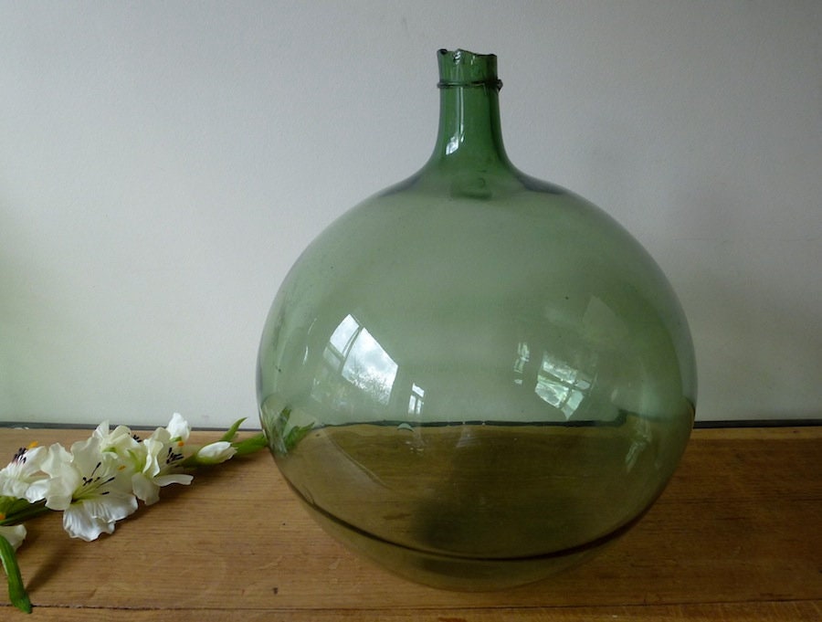 Antique French Green Demijohn Carboy Wine Bottle bulled 5L ancien 1950-1960s - antique collection