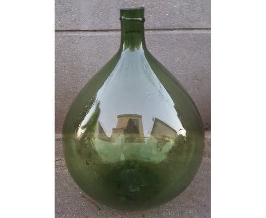 Antique demijohn/ Dame Jeanne blow glassware 15L olive green color saber neck 1960s