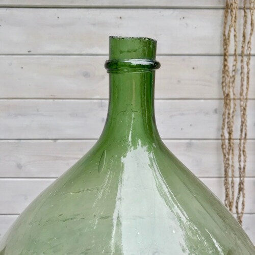 XXL Dame jeanne vert pale 40L saber neck, blow glass antique french vase, vintage dame jeanne 1900s