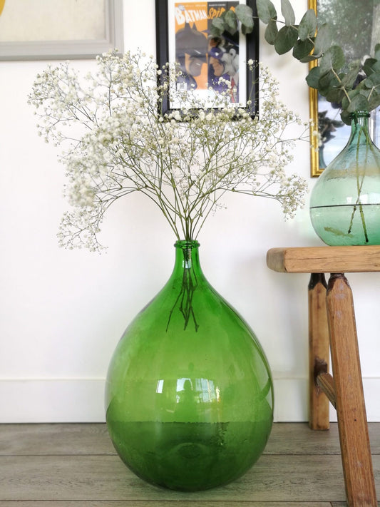 French Dame Jeanne 30L Vintage green color 1960s, antique vase forme goutte d'eau, dame jeanne soufflé