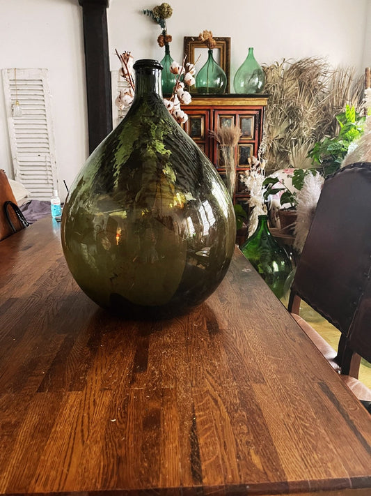 Large antique French Demijohn 20L green onion - vintage vase since 1960s