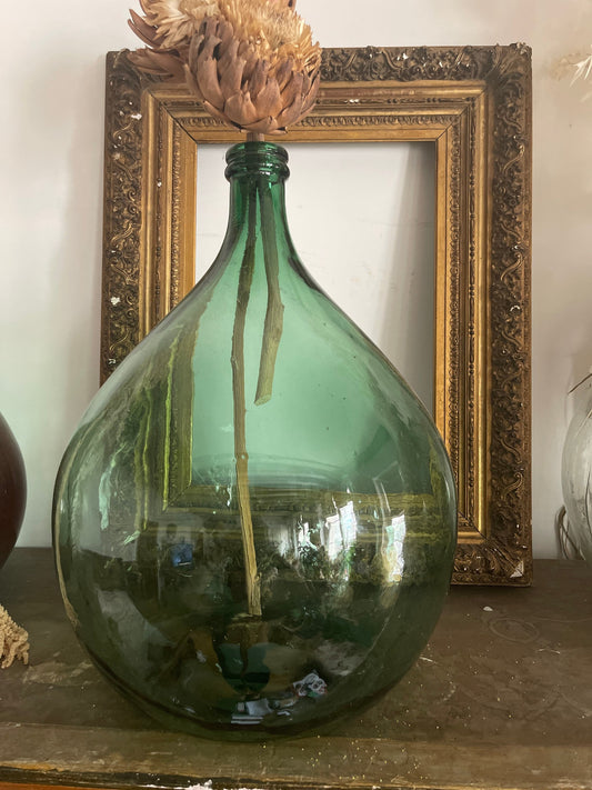 XL size Antique French Green Demijohn Carboy/Dame jeanne Wine Bottle bleuté 40L - vintage vase collection