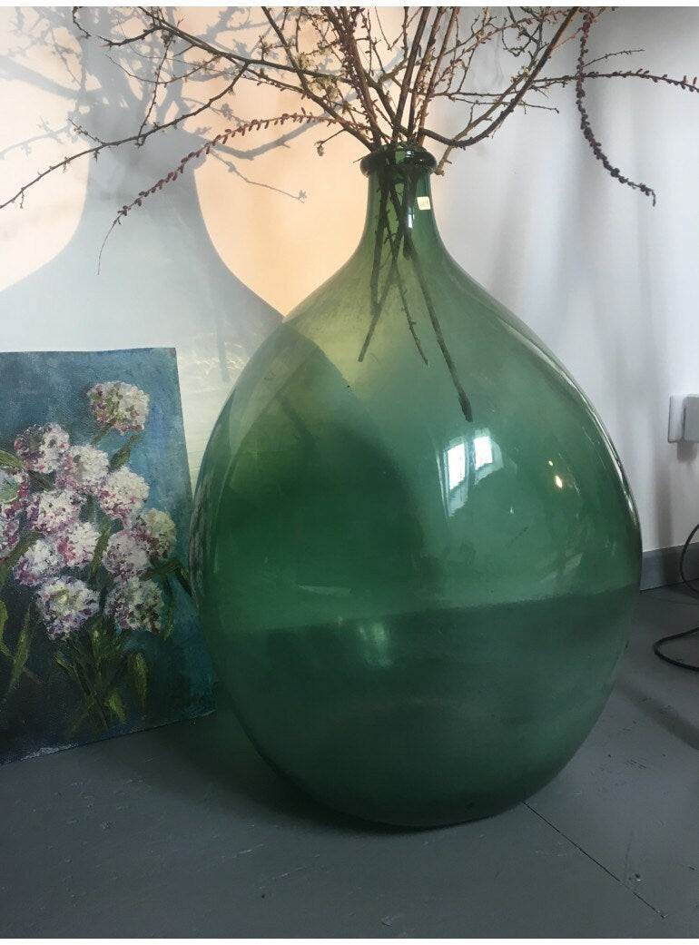 XL size Antique French Green Demijohn Carboy/Dame jeanne Wine Bottle bleuté 40L - vintage vase collection