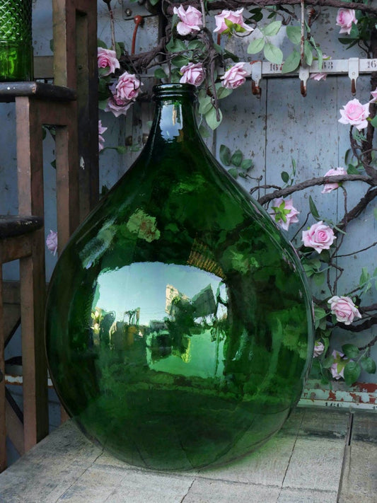 XXL antique French Dame jeanne 54L vert intense 1960s, antique Demijohn, vintage vase, chic decoration