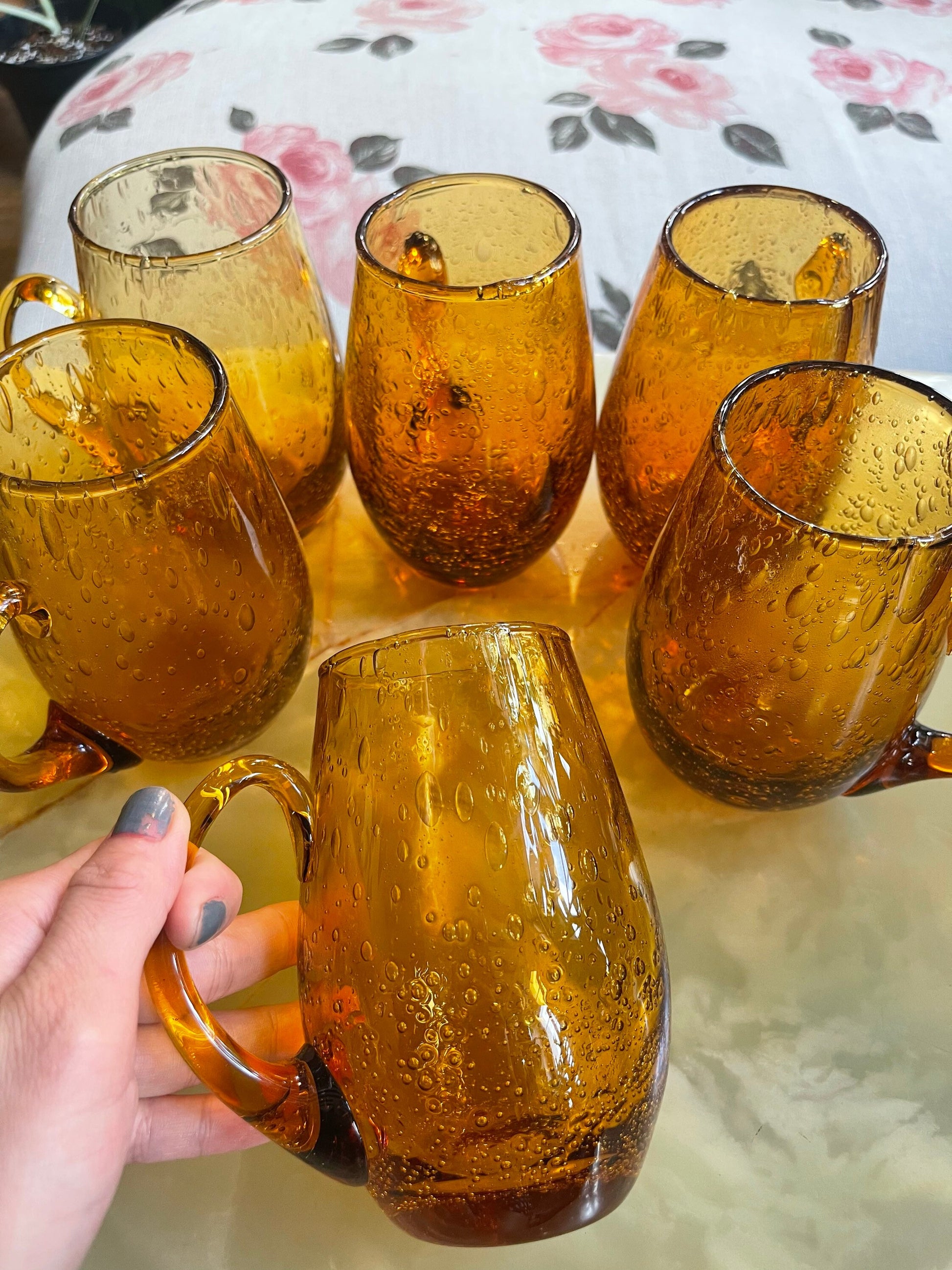Pack of 5 Ancien BIOT bubbled glassware -bubble blown amber glass - Decorative bubble amber beer chope 50-60s
