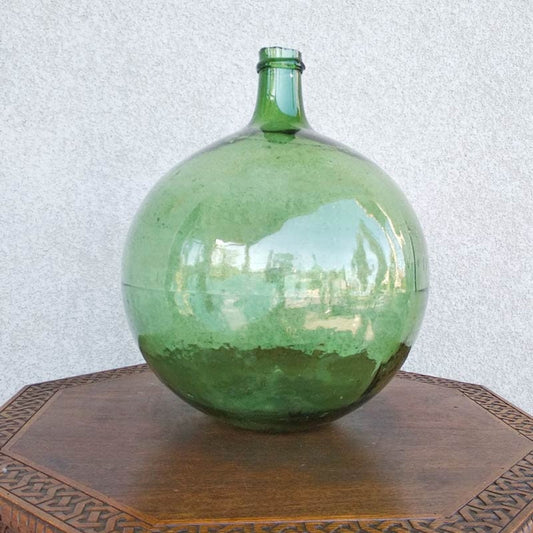 Antique French Dame Jeanne verre soufflé vert 10L- 12L vintage 1960s col sabré, antique demijohn rare form