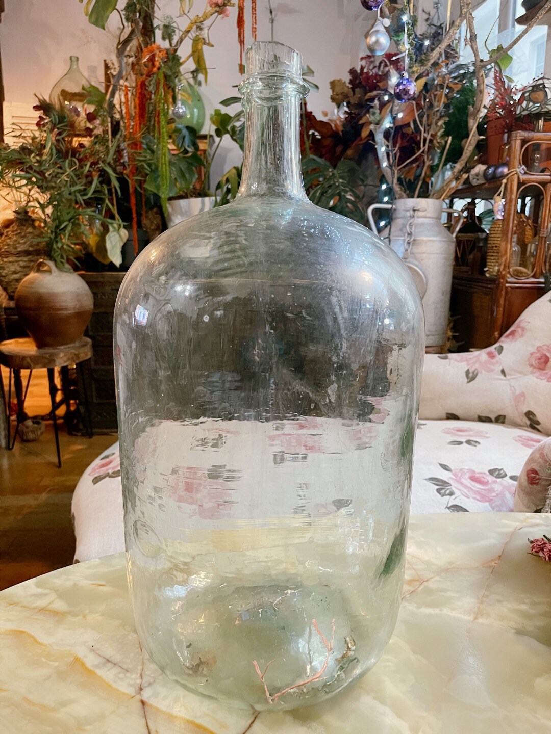 XL Dame Jeanne forme cylindrique transparent 24L, french ancien demijohn, verre souffle, saber neck, decoration 1950s, vintage terrarium