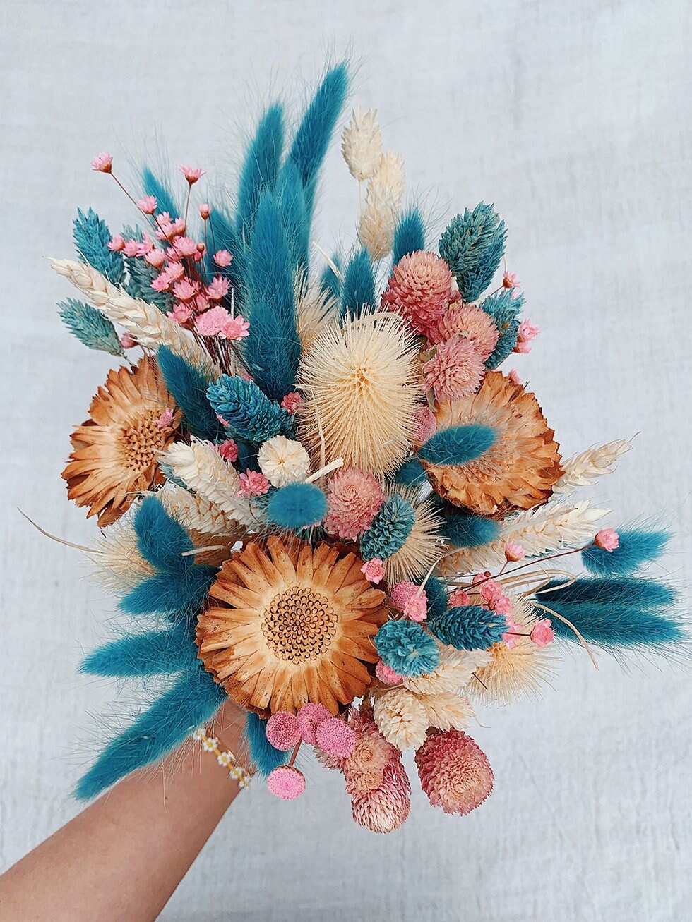 Bouquet KRISTINA, rustic bunch,lagurus mix protea decoration, dried composition flower, wedding bouquet