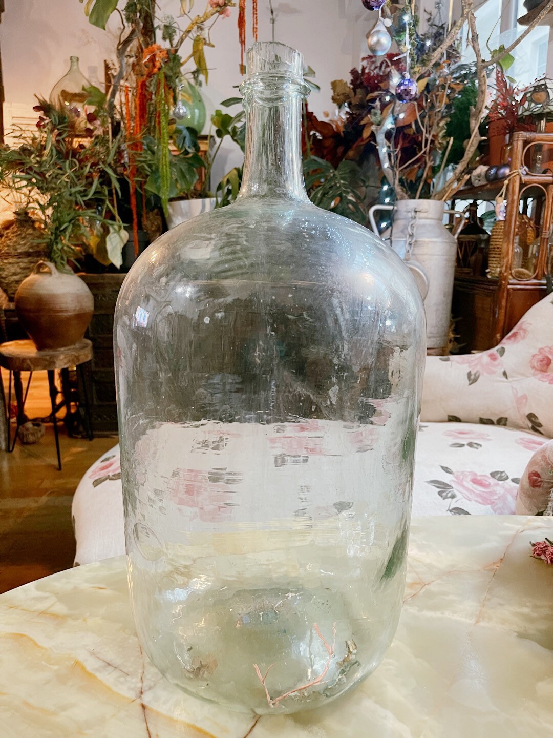 XL Dame Jeanne forme cylindrique transparent 24L, french ancien demijohn, verre souffle, saber neck, decoration 1950s, vintage terrarium